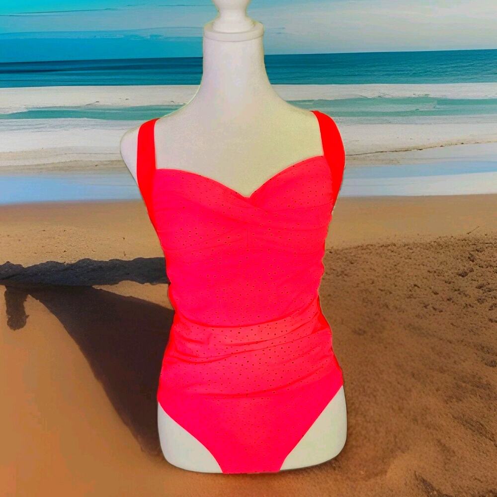 Women's XL Romenza Targo One Piece Swimsuit Fuchsia Black Dots Retro Ruching